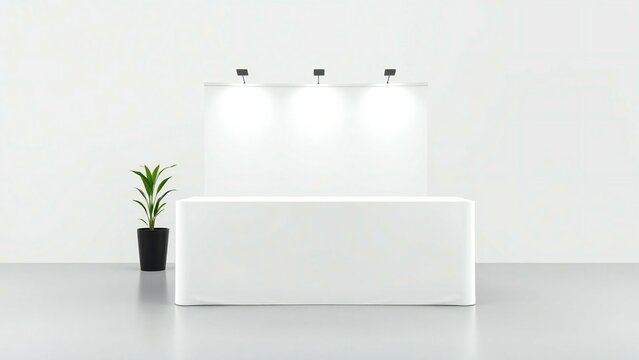 Blank trade show booth with white table and lighting