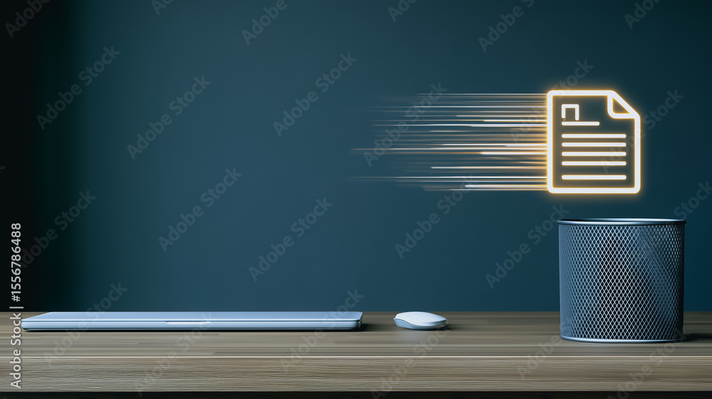 Poster fast data transfer: a document icon speeds towards a smart speaker on a wooden desk, symbolizing rap