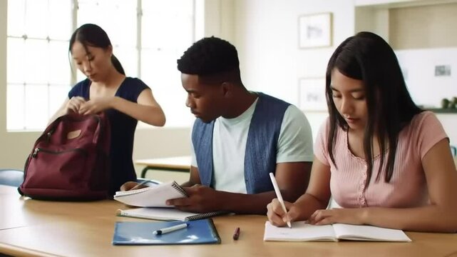Students engaged in studying together at a bright classroom, with one organizing a backpack