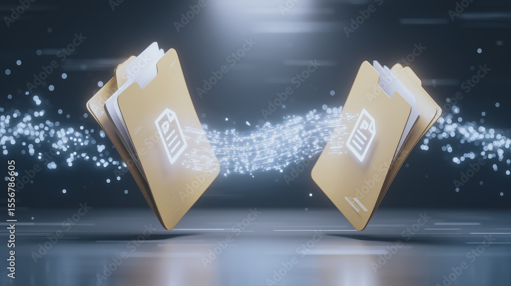 Poster data transfer: secure data transfer concept, two folders with documents are linked by a stream of gl