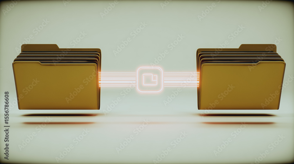 Poster data transfer: two folders connected by a digital transfer, illustrating seamless exchange of inform