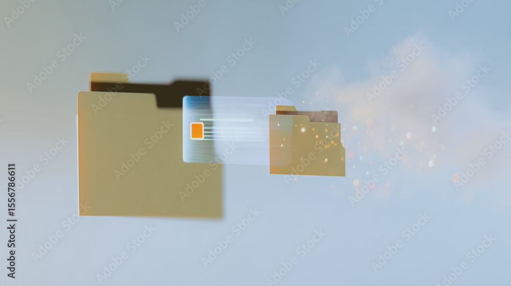 Fototapete Cloud File Transfer: Illustrating the seamless movement of digital data, symbolized by floating folders exchanging information in a crisp digital graphic.