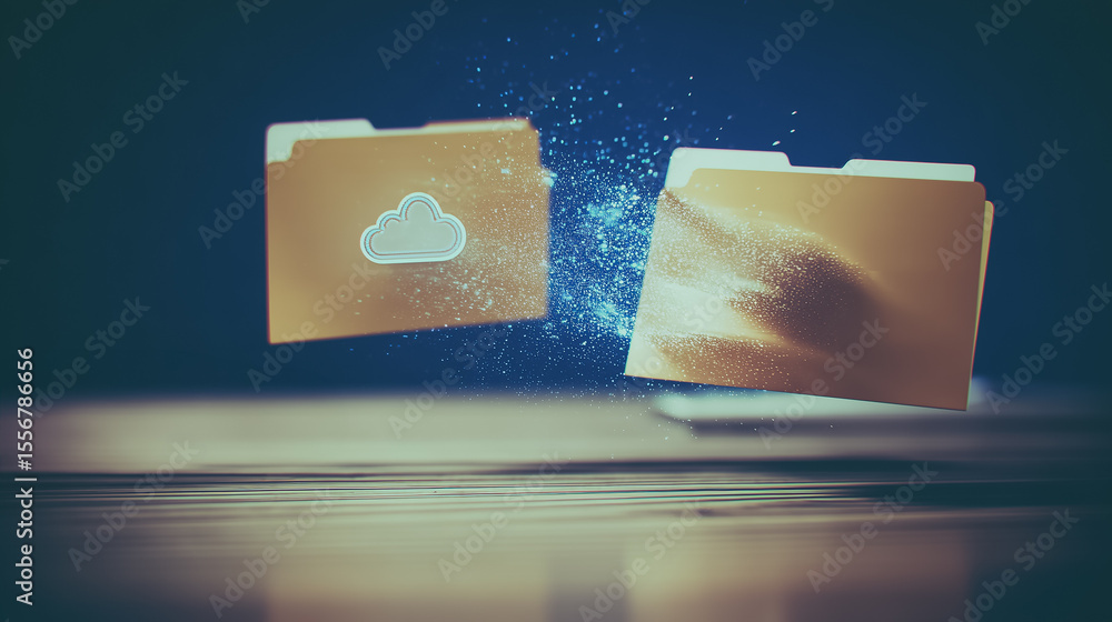 Poster digital folders: modern data storage concept with floating folders. a cloud-shaped icon signifies di