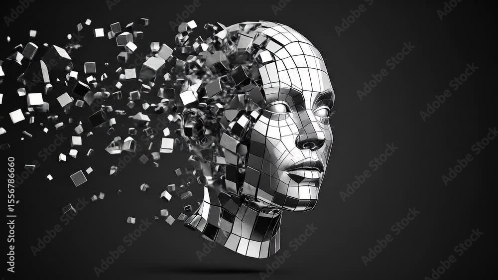 Poster abstract digital 3d render of a human face fragmenting into cubes against a dark grey background