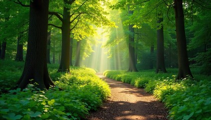Obraz premium Sunlit Forest Path Winding Trail Through Lush Green Foliage, Magical Atmosphere, Perfect for Travel and Nature Photography