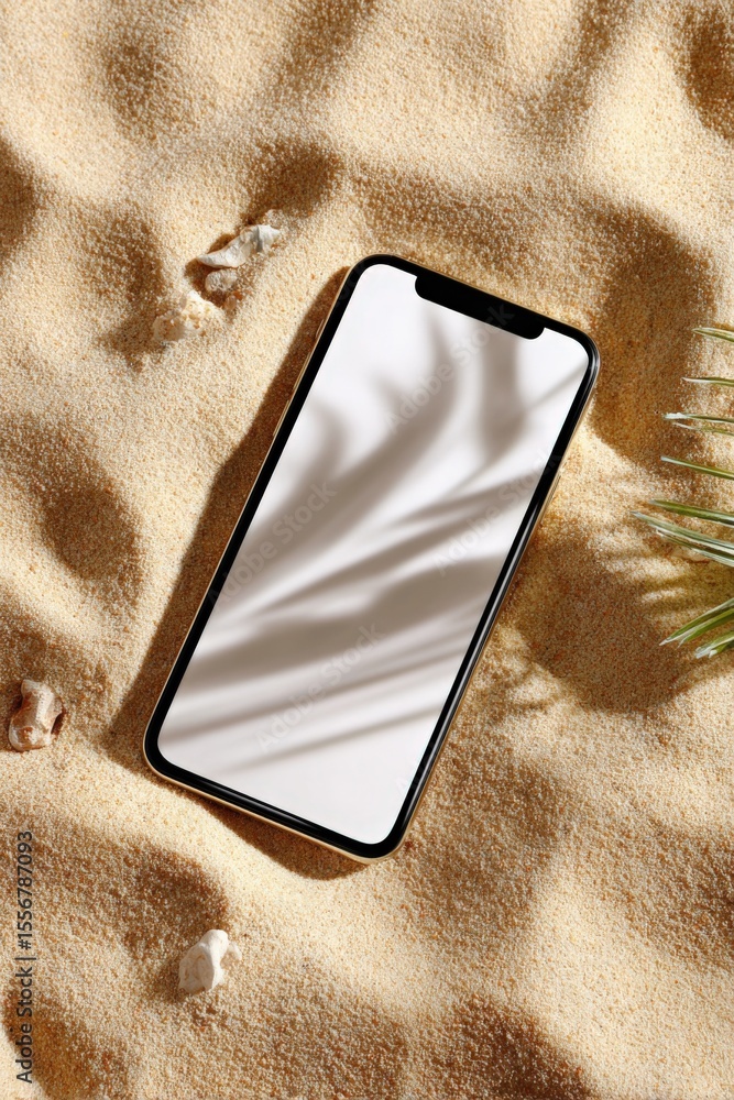 Poster modern smartphone with blank reflective screen lying on textured golden sand with green palm leaves 