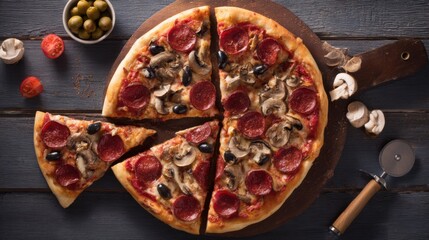 Freshly baked golden-brown pizza on rustic wooden peel, topped with pepperoni, mushrooms, and black olives, one slice removed, surrounded by green olives, cherry tomatoes, red pepper flakes,