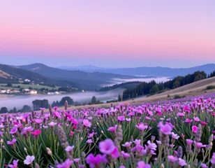 Selbstklebende Fototapeten the image depicts a serene landscape with a wildflower field under a light purple sky, suggesting either dawn or dusk, the flowers are predominantly pink and purple © Vi