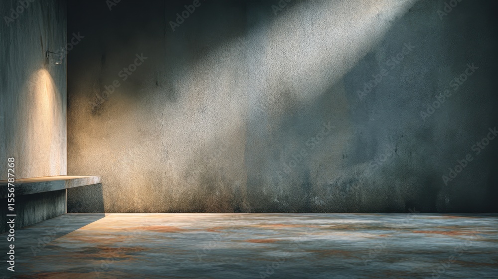 Poster Empty indoor room with textured concrete walls illuminated by sunlight streaming through window creating shadows and atmosphere