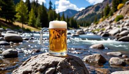 the image features a traditional mug of beer with a foamy head, resting on a rock beside a rushing stream with clear waters, in the background
