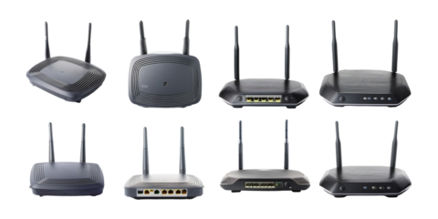 Various Models of Wireless Routers Displayed from Different Angles, PNG collection, set bundle, isolate on transparent or white background