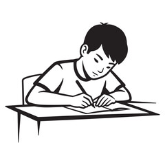 A young boy focusing on writing with a pen on paper at a desk in black and white