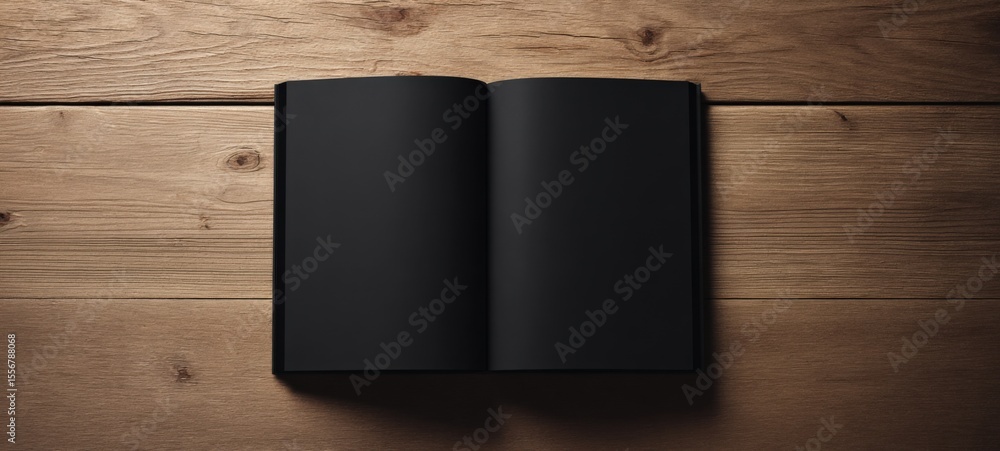 Poster Empty Black Notebook with Blank Pages Open on Wooden Desk Surface for Creative Writing or Sketching Practice
