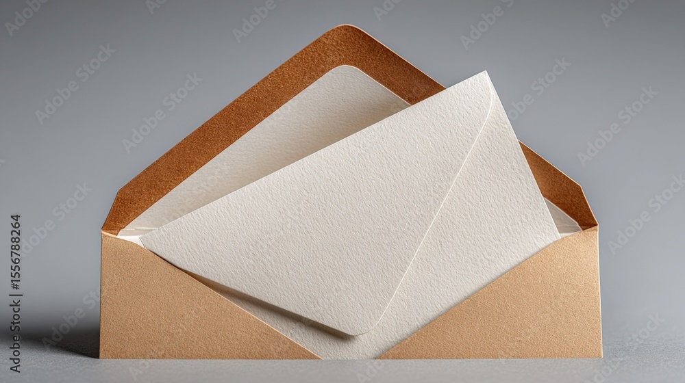 Poster close-up of an open brown paper envelope with a white greeting card inside on a gray background, min