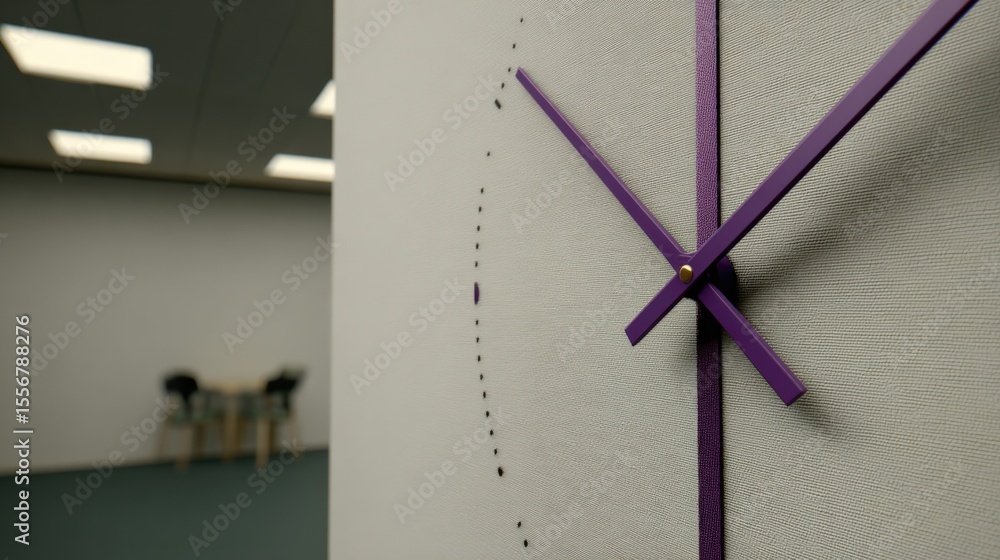 Aufkleber Close-up of a modern purple wall clock with minimalistic design in an office setting showing time and blurred workspace background