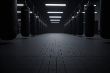 dark gym with punching bags in the middle of it
