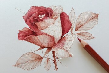 Realistic hand-drawn watercolor rose illustration with detailed petals and leaves, artist sketch with colored pencil on white paper background