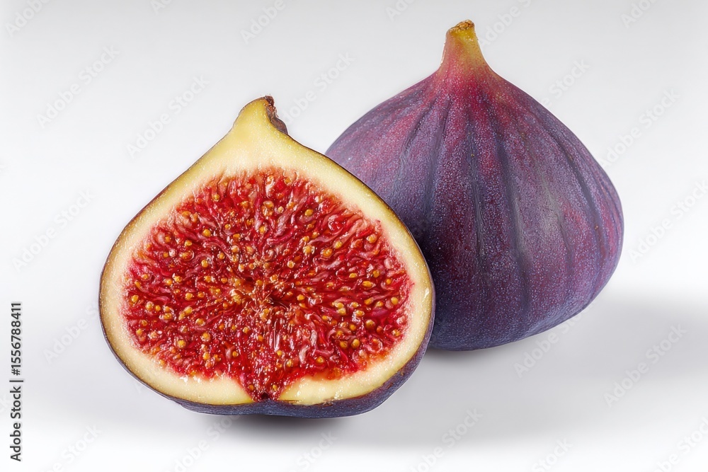Poster fresh ripe purple fig fruit with one whole and one halved showing vibrant red inner flesh and tiny s