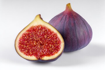 Fresh ripe purple fig fruit with one whole and one halved showing vibrant red inner flesh and tiny seeds on a white background