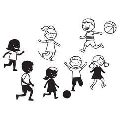 Black and white illustration of joyful children playing various sports with smiling expressions.