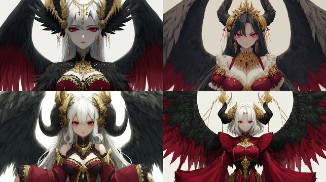 Digital art of four winged figures.  Two pairs of female figures, each with elaborate horns, wings, and ornate attire.  Red, black, and gold tones.  Dramatic poses.  Detailed facial features