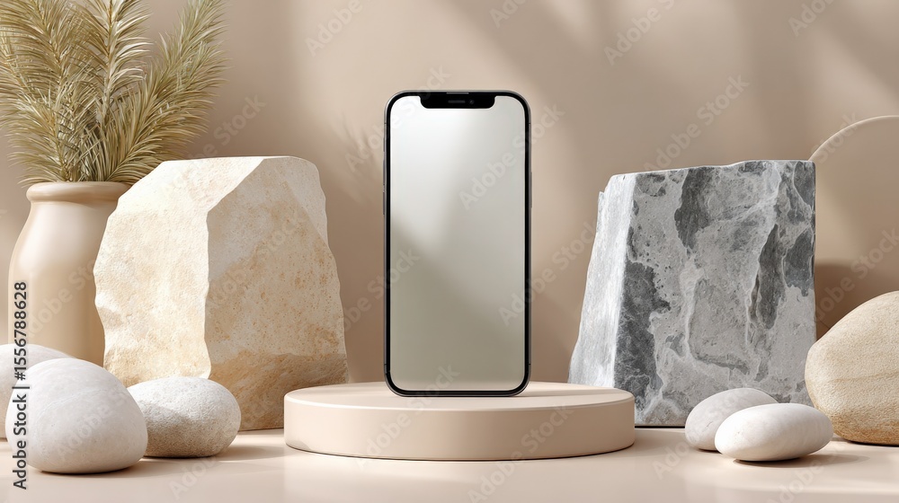 Poster minimalist modern smartphone with blank screen displayed on a round pedestal surrounded by artistic 