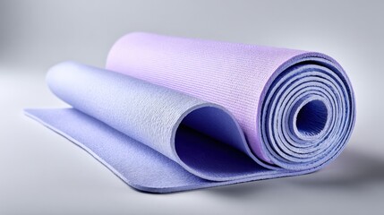 Flexible textured exercise yoga mat rolled partially unrolled showing comfortable surface for workouts and fitness routines in pastel purple and light blue