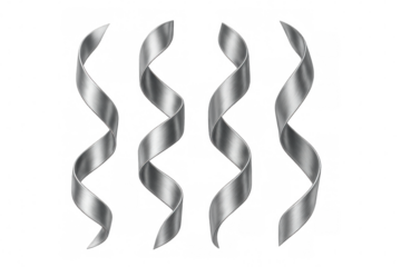Metallic silver ribbons curling on transparent background, creating elegant and festive design