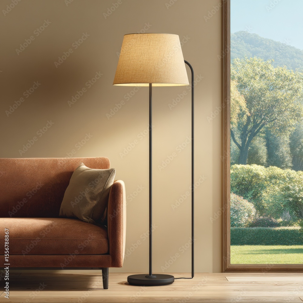 Poster elegant modern standing floor lamp with beige lampshade and sleek black pole in stylish living room 