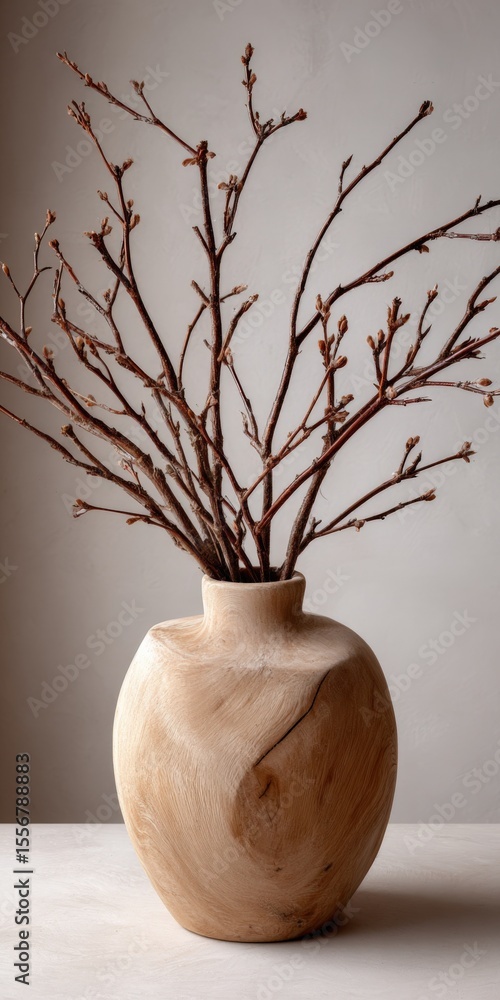 Aufkleber elegant natural wooden vase with a smooth finish and a rounded shape, filled with bare tree branches