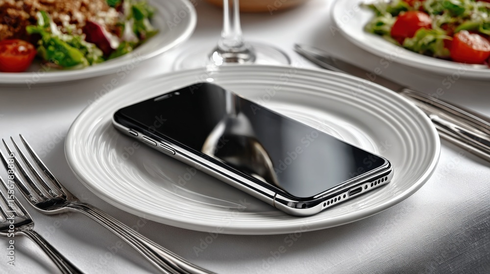 Poster modern smartphone with sleek black screen resting on a stylish white plate at a formal dining table 