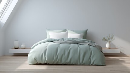 guest bedroom styled in frosty mint and cloud white, diffused skylight casting soft ambient shadows, glossy white ceramics