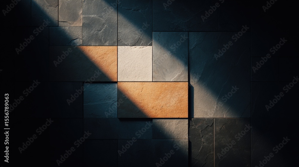 Poster Modern geometric brick wall with shadow play emphasizing texture and contrasting daylight in an abstract urban setting