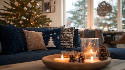 Cozy Christmas Living Room Decor with Candles and Pillows