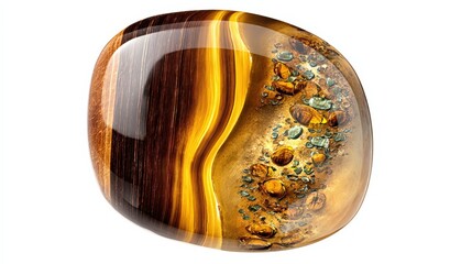 Stunning polished natural mineral stone with intricate golden yellow brown banding and colorful mineral inclusions for jewelry design
