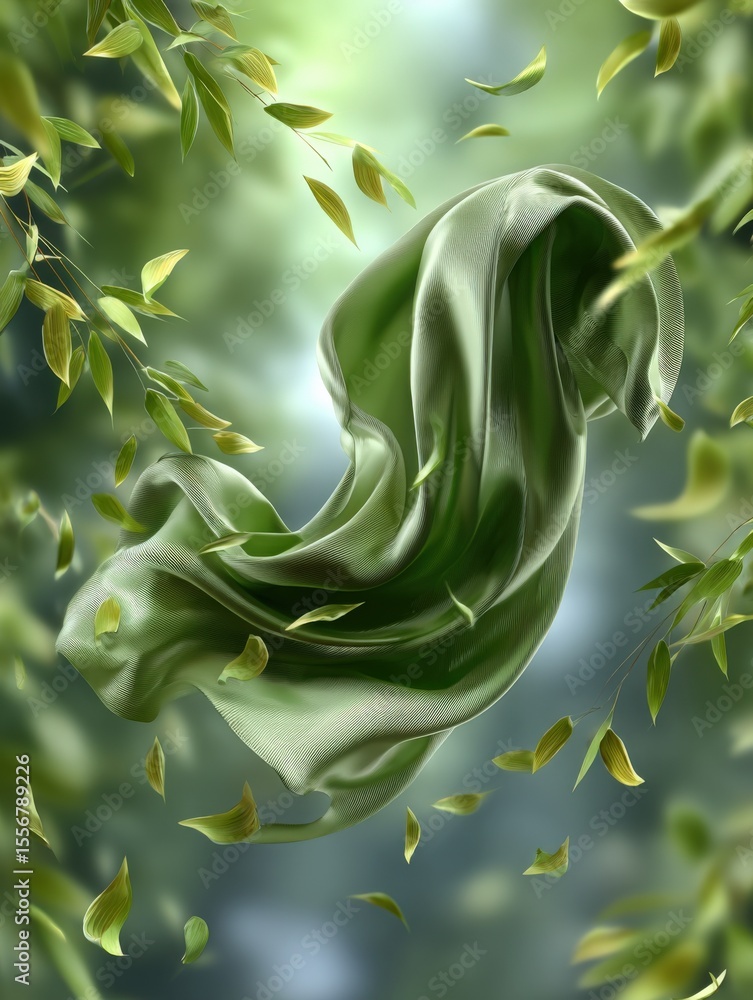 Poster dynamic abstract sculpture made of smooth green material floating among lush green leaves in a brigh