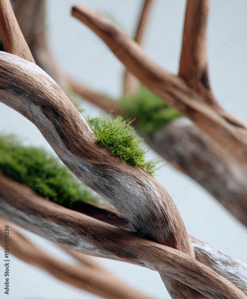 Aufkleber close-up of twisted weathered tree branches with green moss growing on smooth textured bark on a cle