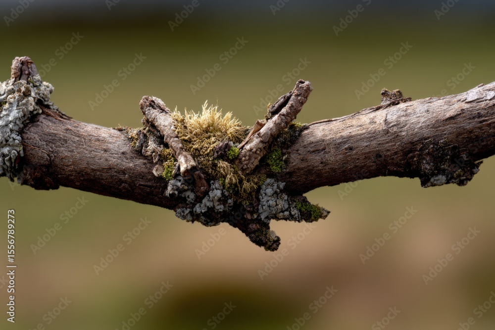 Aufkleber Close-up of a textured tree branch with moss and lichen growth on a blurred natural background in a detailed high-resolution nature scene