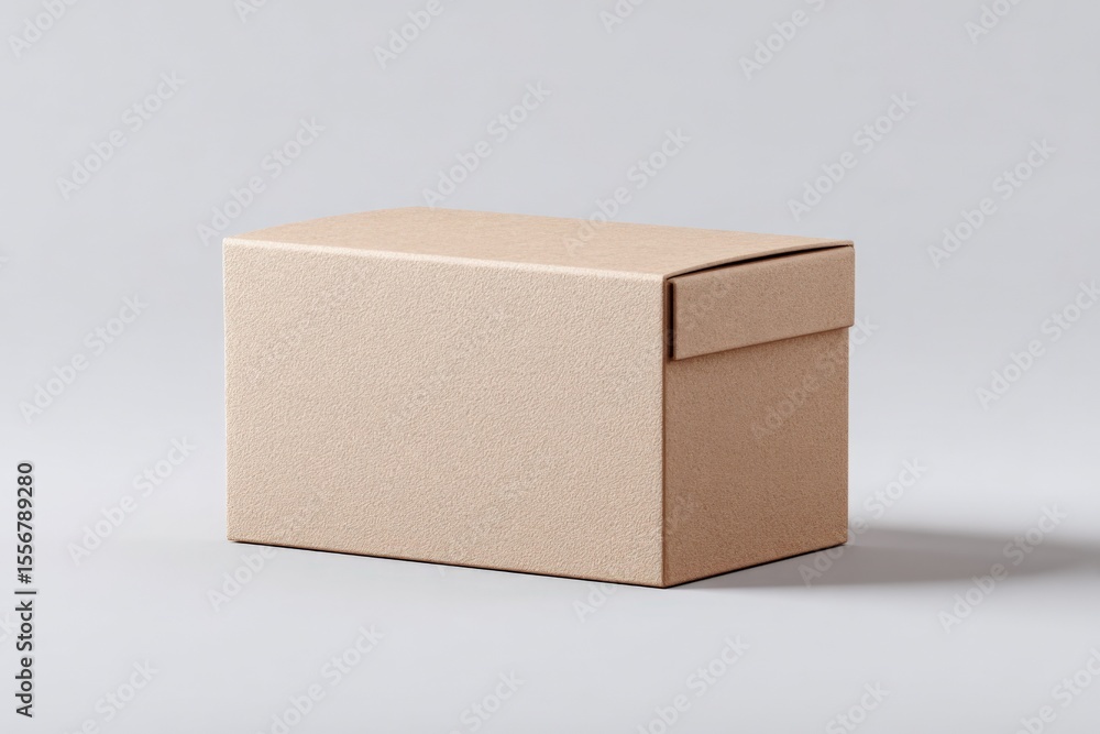 Poster Plain beige cardboard box with a lid, simple and rectangular packing container with smooth surface, isolated on white background