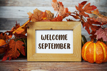 Welcome September text with maple leaf decoration on wooden background
