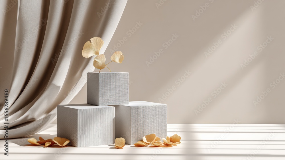 Poster elegant modern geometric white podiums with delicate dried flower arrangement and soft shadowing in 