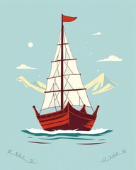 Red sailing ship at sea with mountains