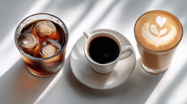 Refreshing cold iced soda with ice cubes hot black coffee in white cup and frothy latte with heart-shaped art on surface on shiny metal table - Powered by Adobe
