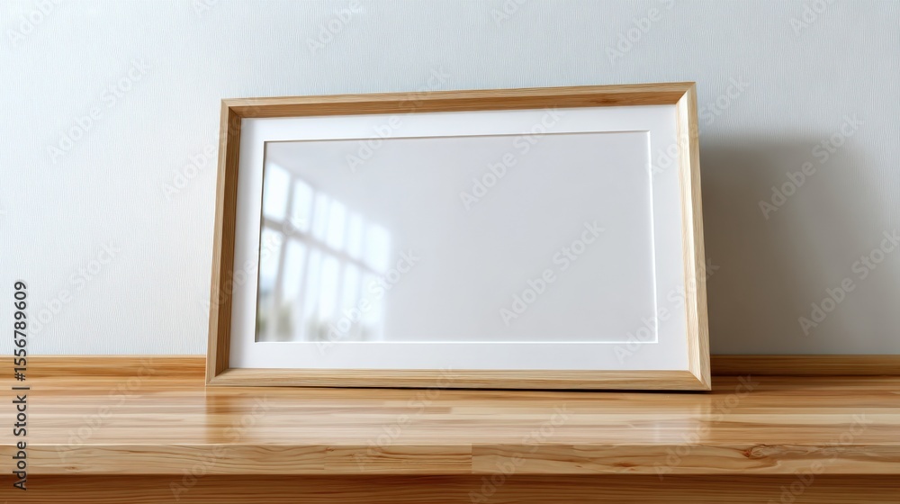 Poster empty glass photo frame with wooden border placed on a wooden surface in a minimalistic room decor s