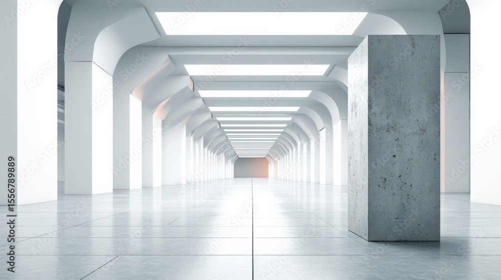 Aufkleber Modern futuristic indoor corridor with white walls illuminated by linear LED lights and large concrete pillars creating depth and perspective