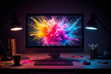computer monitor sitting on top of a wooden desk