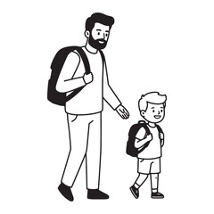 Obraz premium Father walking his son to school with backpacks in simple black and white style