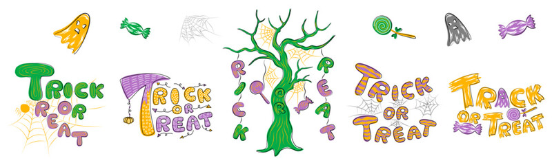 Trick or Treat hand lettering design vector, can be used in many ways such as card design, greeting card, Halloween theme decoration, scrapbook, sticker, paper pattern, fabric pattern and more.
