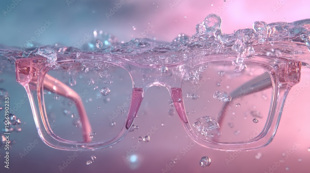 Poster close-up of pink-tinted eyeglasses submerged in water with bubbles and ripples creating a refreshing