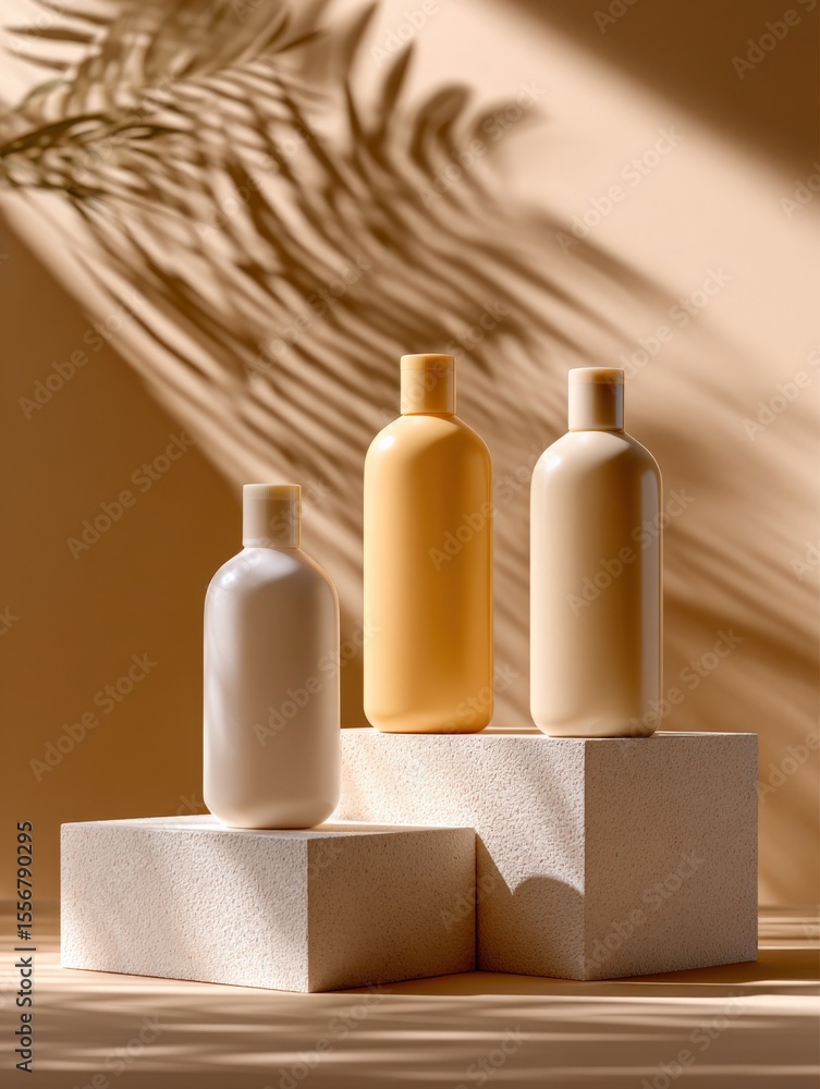 Poster elegant minimalist arrangement of three skincare or cosmetic bottles on geometric platforms with sof